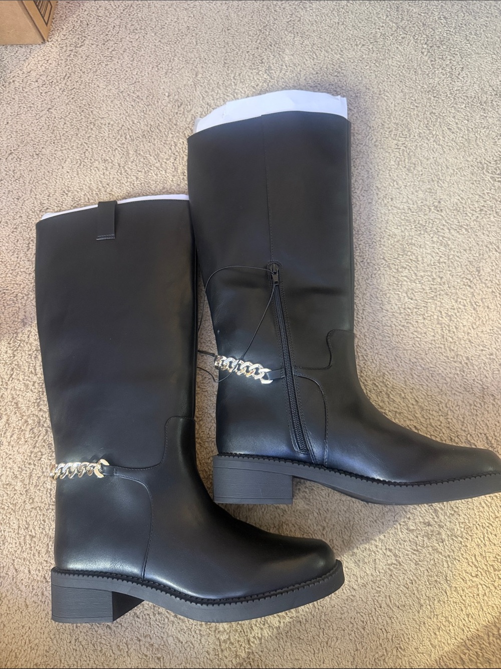 a new day Black Knee-High Heeled Boots with Gold Chain